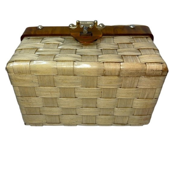 Vintage Lucite Small Bag Tan/Brown Kiss Lock Open Tigers Eye Hinged Open - Picture 7 of 15